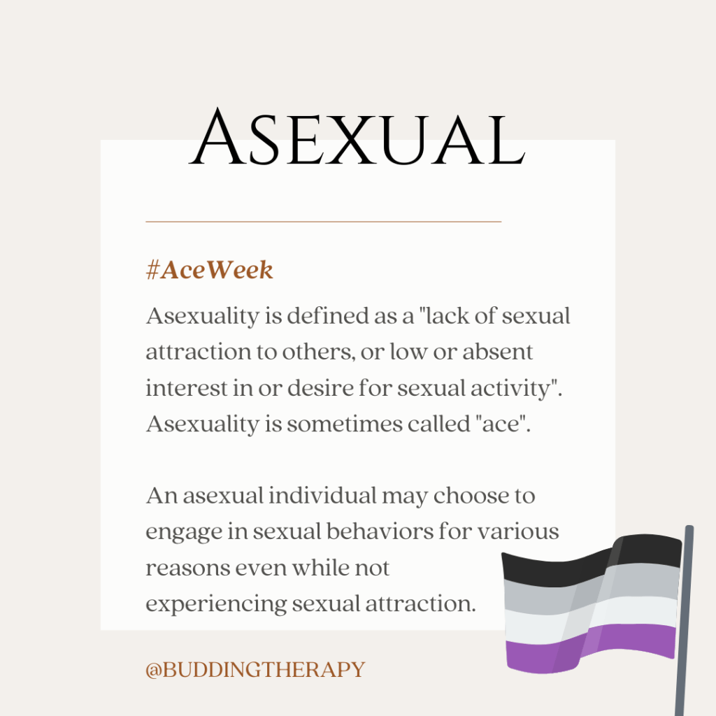 Asexual #AceWeek "Asexuality is defined as a "lack of sexual attraction to others, or low or absent interest in or desire for sexual activity". Asexuality is sometimes called "ace".  An asexual individual may choose to engage in sexual behaviors for various reasons even while not  experiencing sexual attraction."