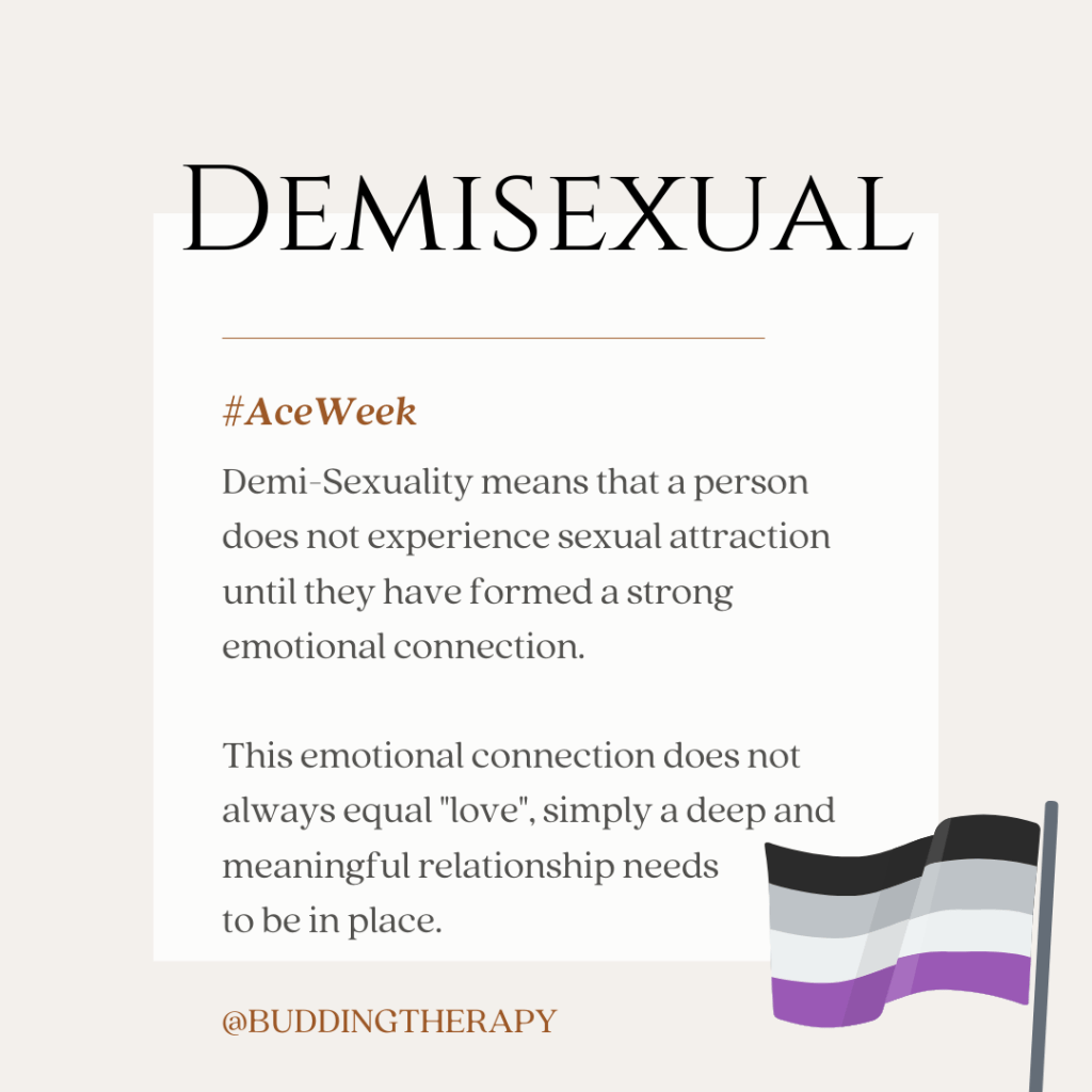 Demisexual #AceWeek "Demi-Sexuality means that a person does not experience sexual attraction until they have formed a strong emotional connection.  This emotional connection does not always equal "love", simply a deep and meaningful relationship needs  to be in place."